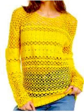Maje Yellow Crochet Mesh Sweater Open Knit Scoop Neck Medium 2